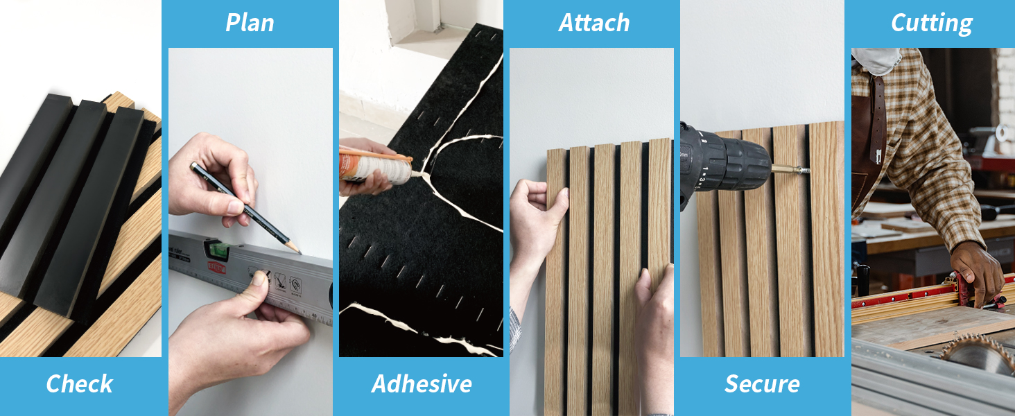 Installation steps: Check, Plan, Adhesive, Attach, Secure, Cutting